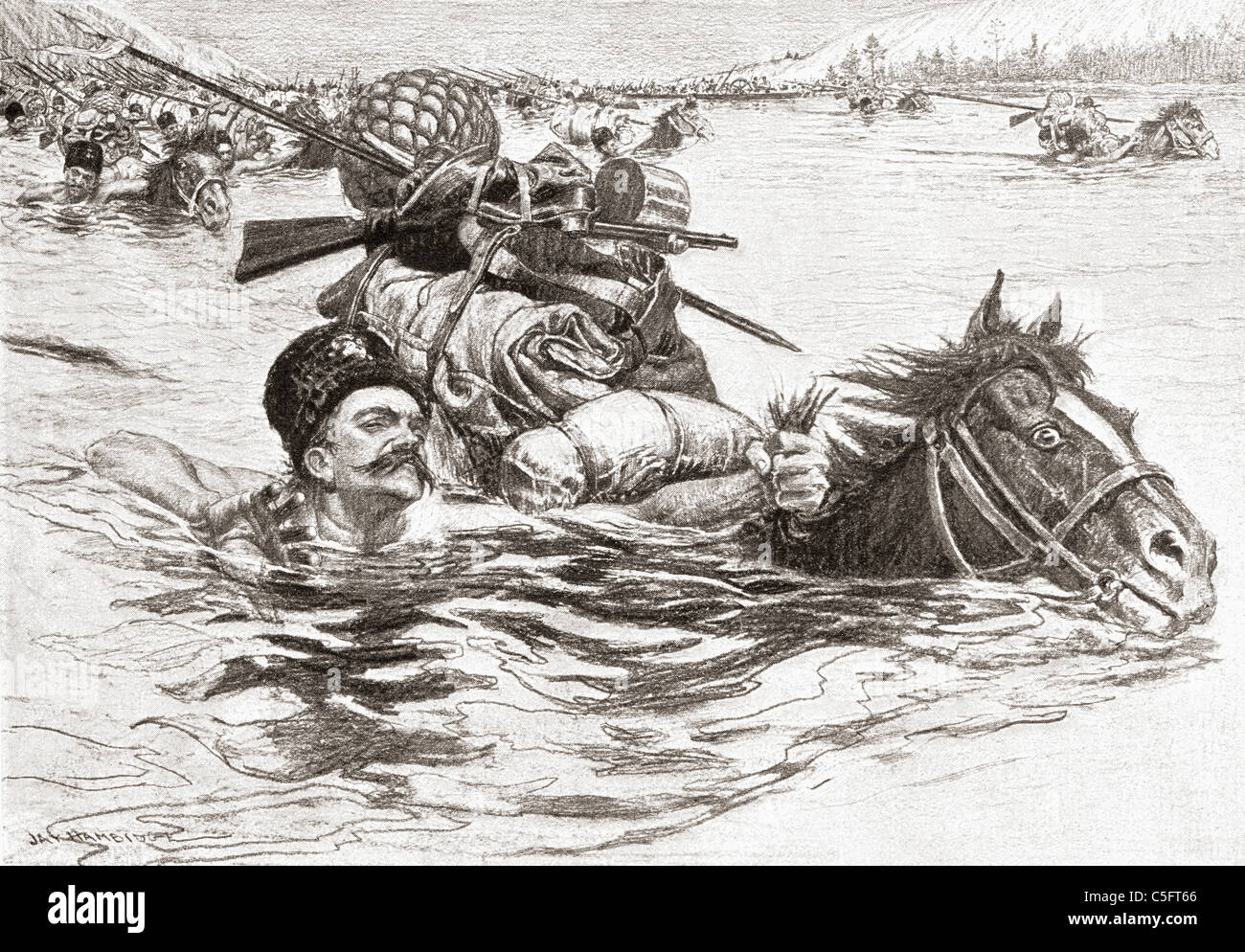 Cossacks swimming their horses across a river. Stock Photo