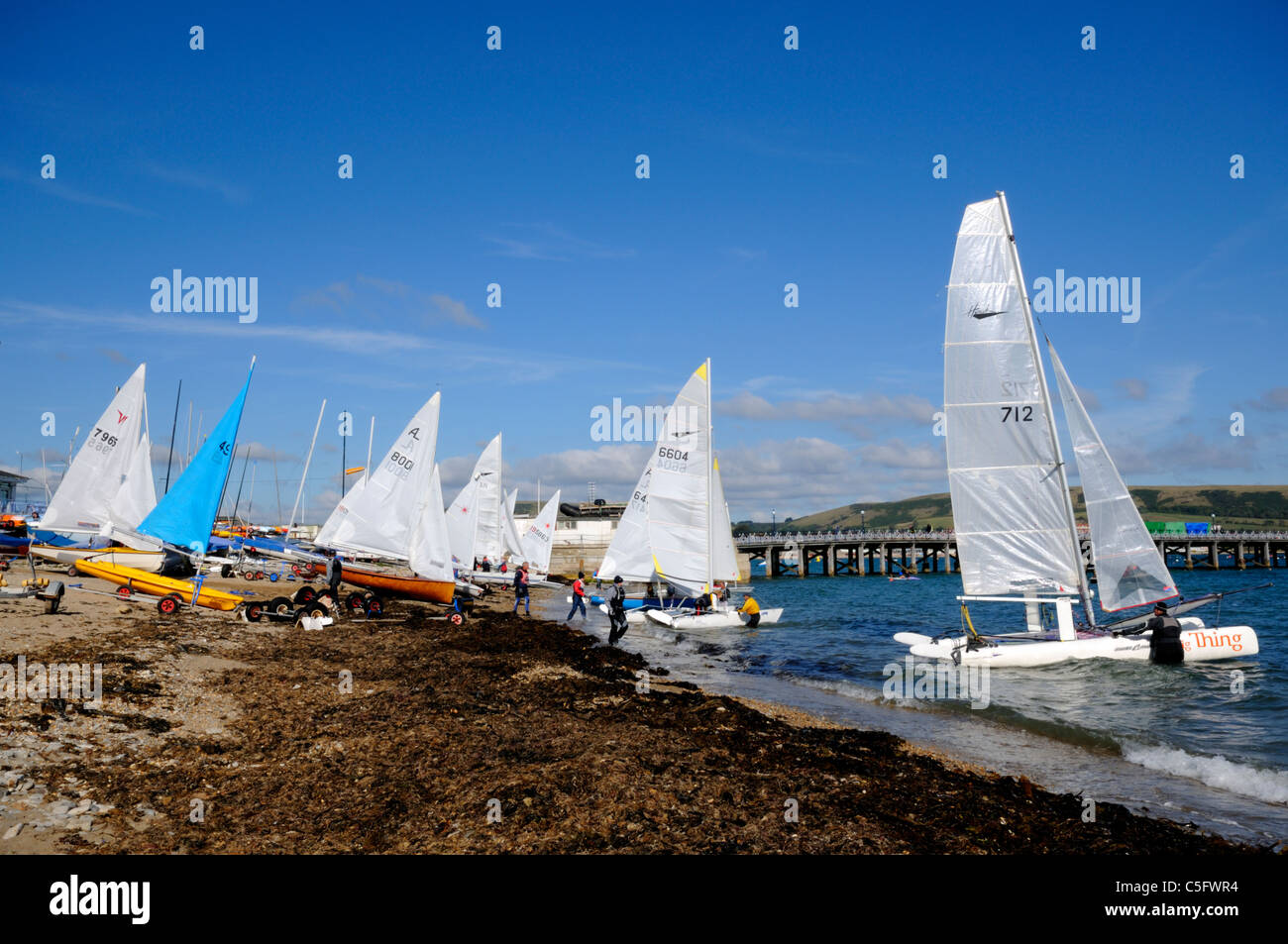Sailing Boats at Swanage in Dorset, England. Stock Photo