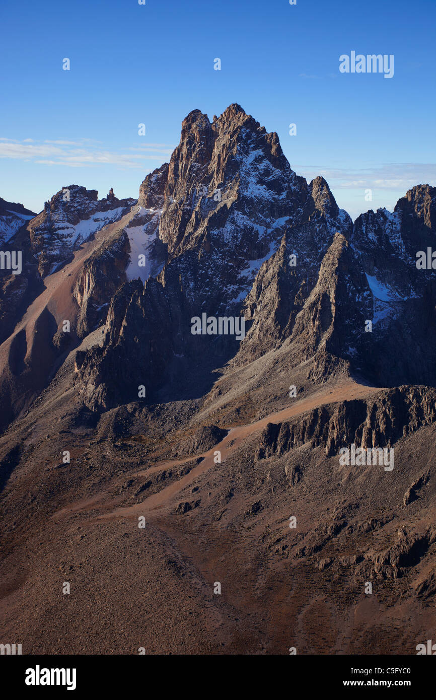 Mount Kenya is the highest mountain in Kenya and the second-highest in Africa and sits just south of the equator. Stock Photo