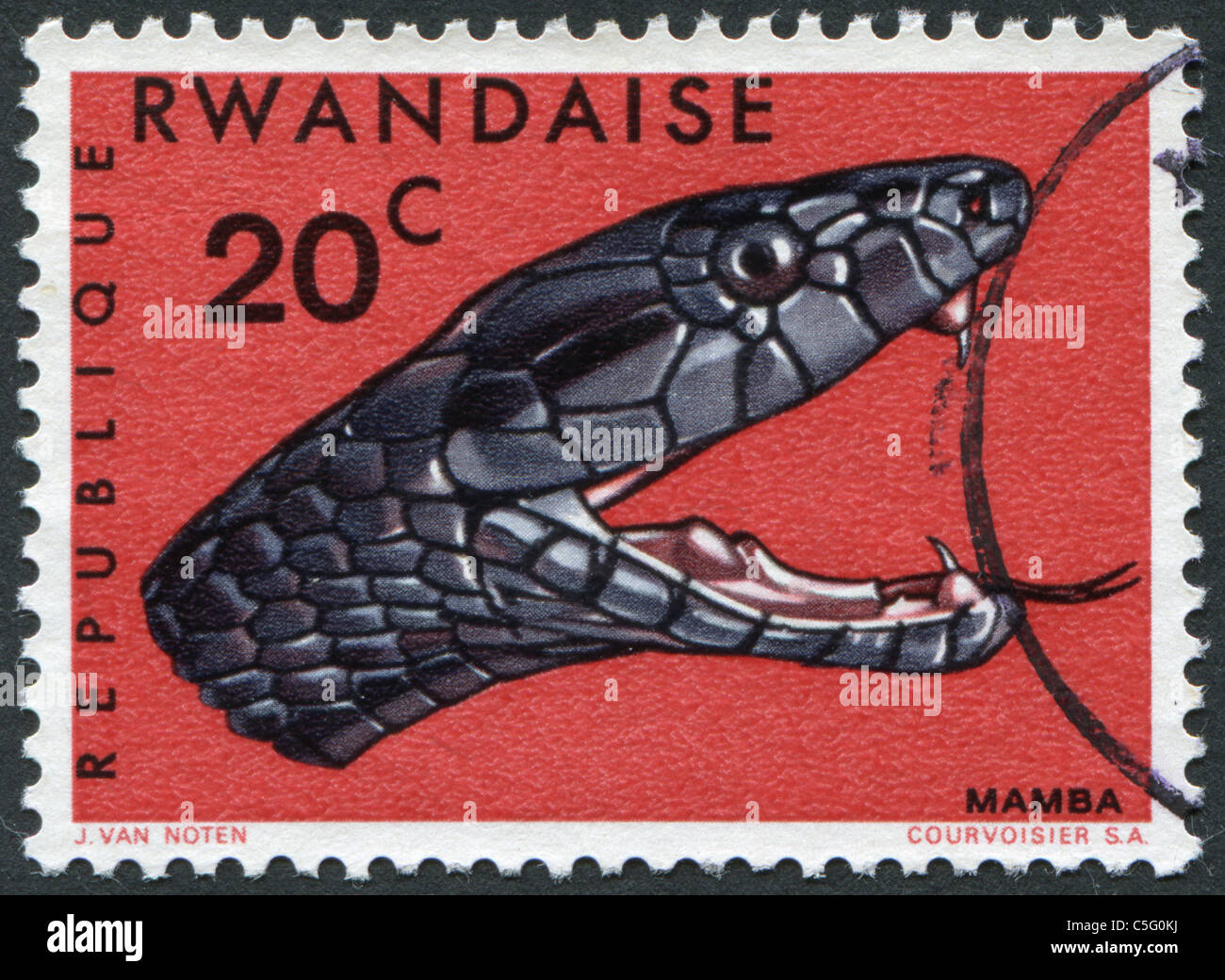 RWANDA - 1967: A stamp printed in the Rwanda, depicts Jamesons Mamba (Dendroaspis jamesoni) Stock Photo