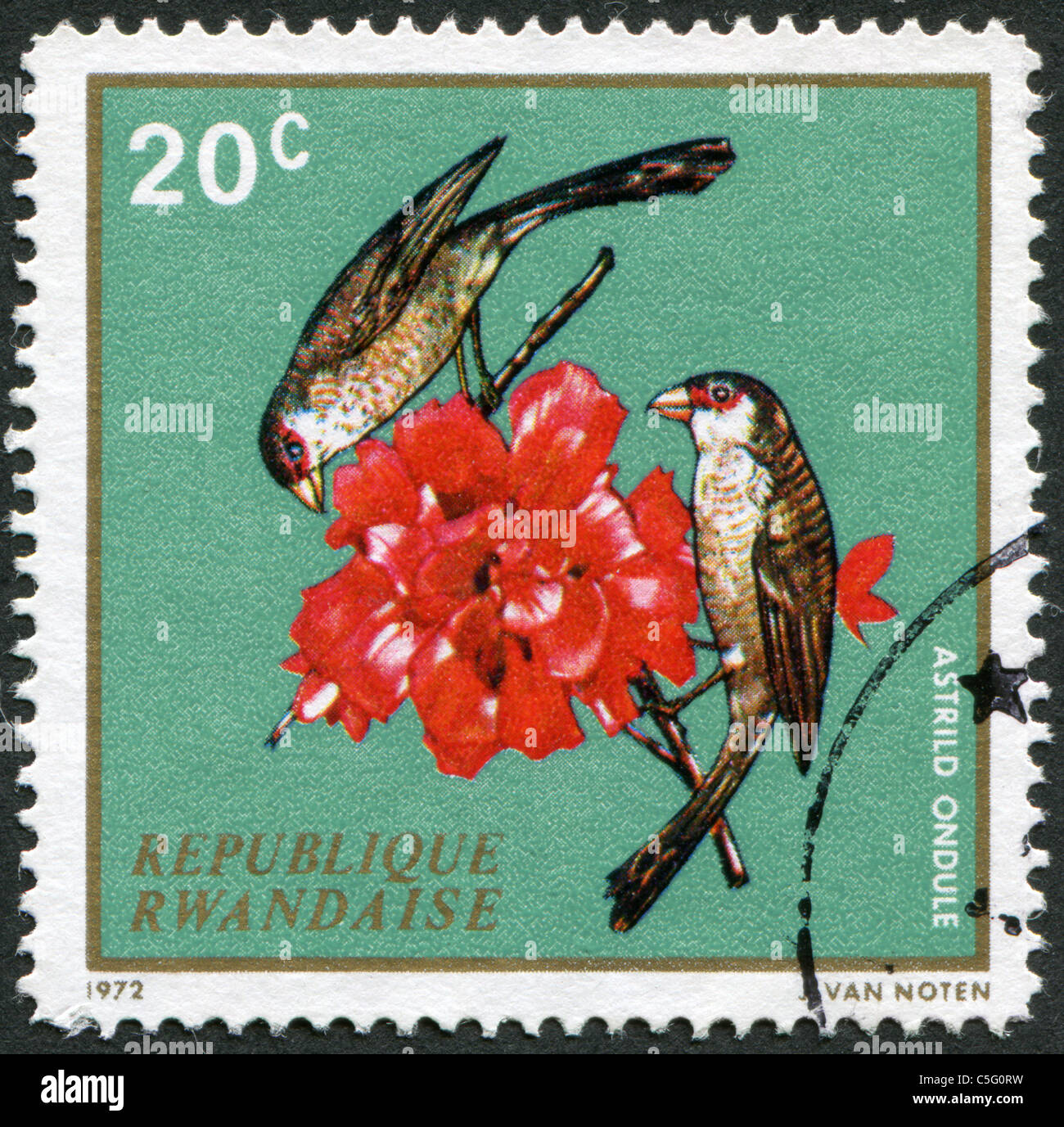 RWANDA - 1972: A stamp printed in the Rwanda, shows a bird Common Waxbill (Estrilda astrild) Stock Photo