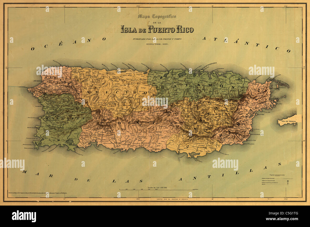 Mapa topográfico de la isla de Puerto Rico, 1866  - Vintage Antiquarian Map by  John Colton Stock Photo