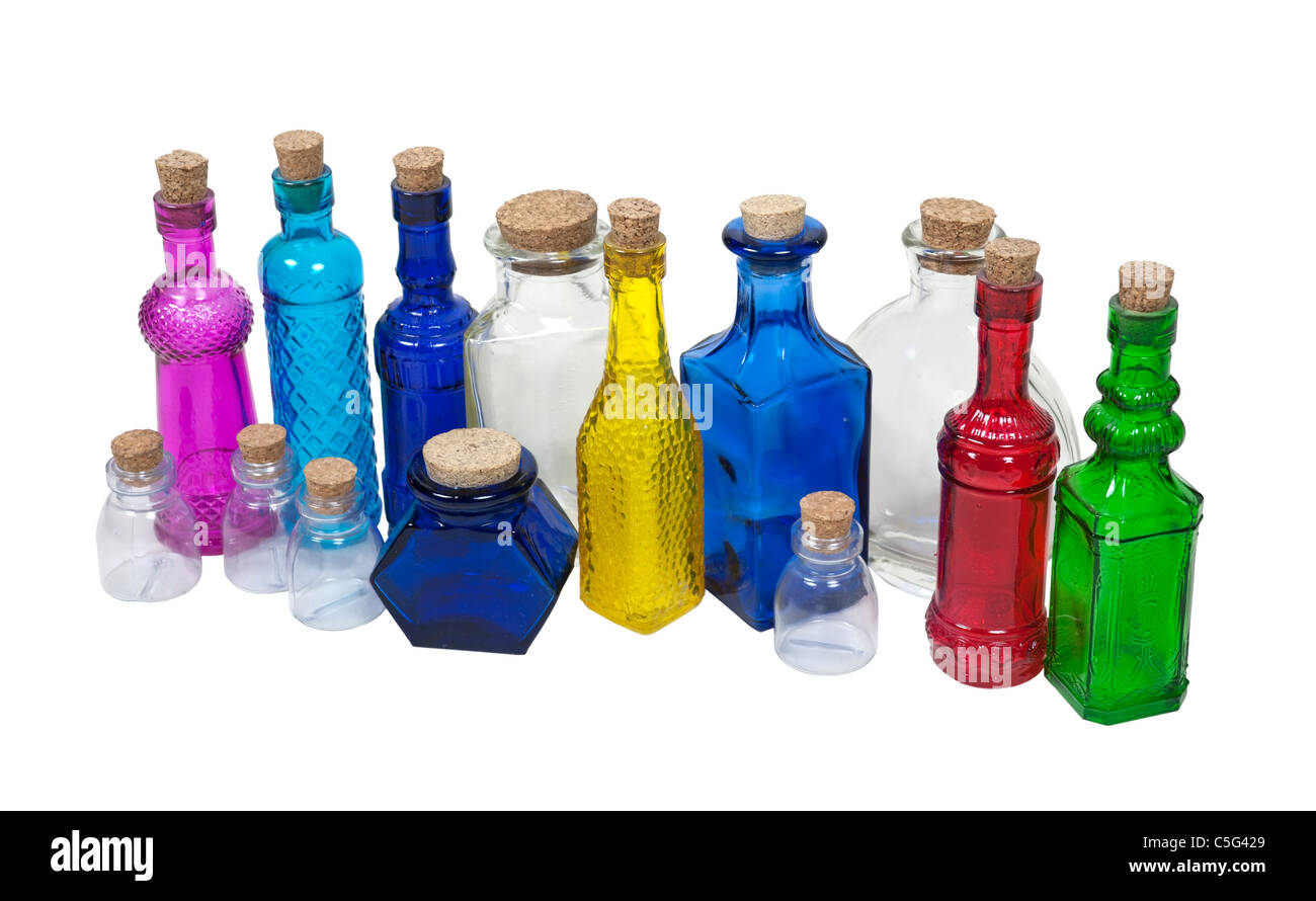 Collection of colorful bottles with cork stoppers path included Stock