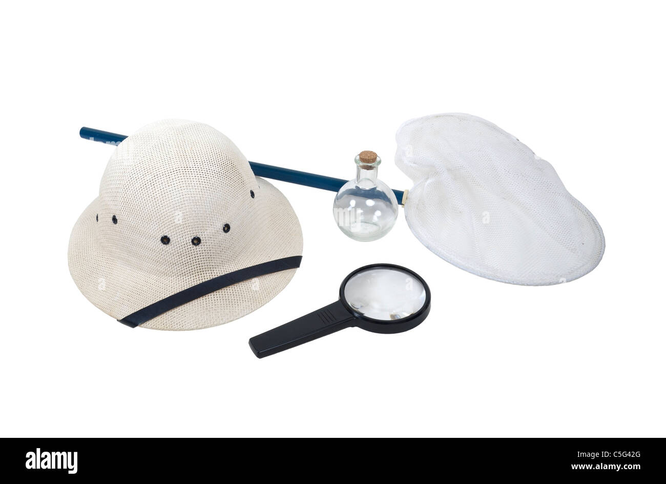 Specimen collection kit shown by a pith helmet, butterfly net, magnifying glass, and sample jar Stock Photo