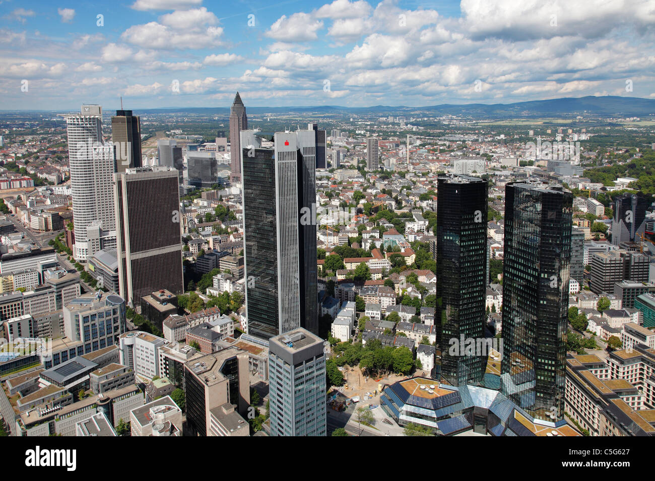 Financial district with 'German Bank' (Deutsche Bank) and  'Sparkasse' headquarters in Frankfurt (Main) Stock Photo