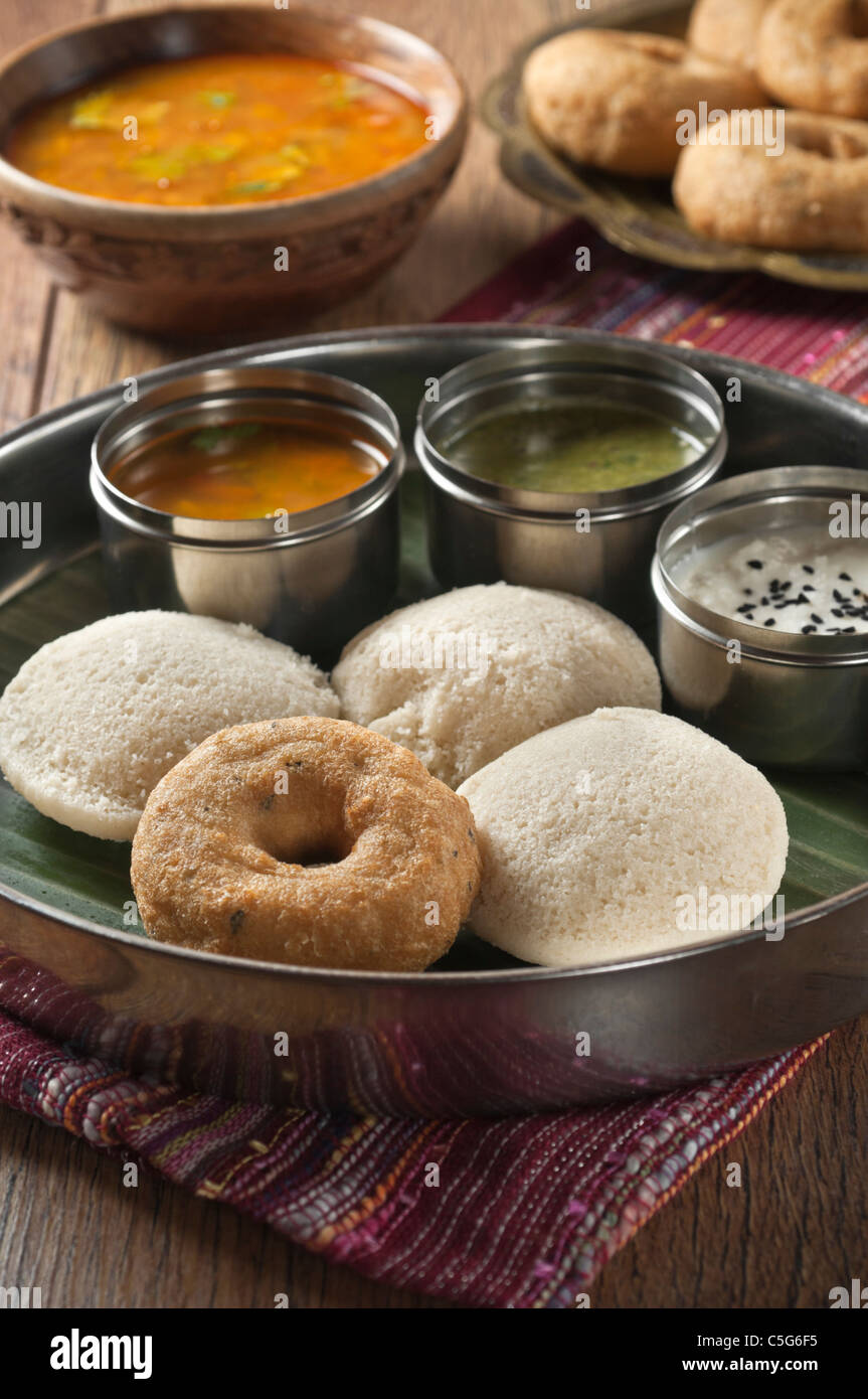 Idly wada. Steamed rice cakes and lentil fritter. South Indian breakfast snack Stock Photo