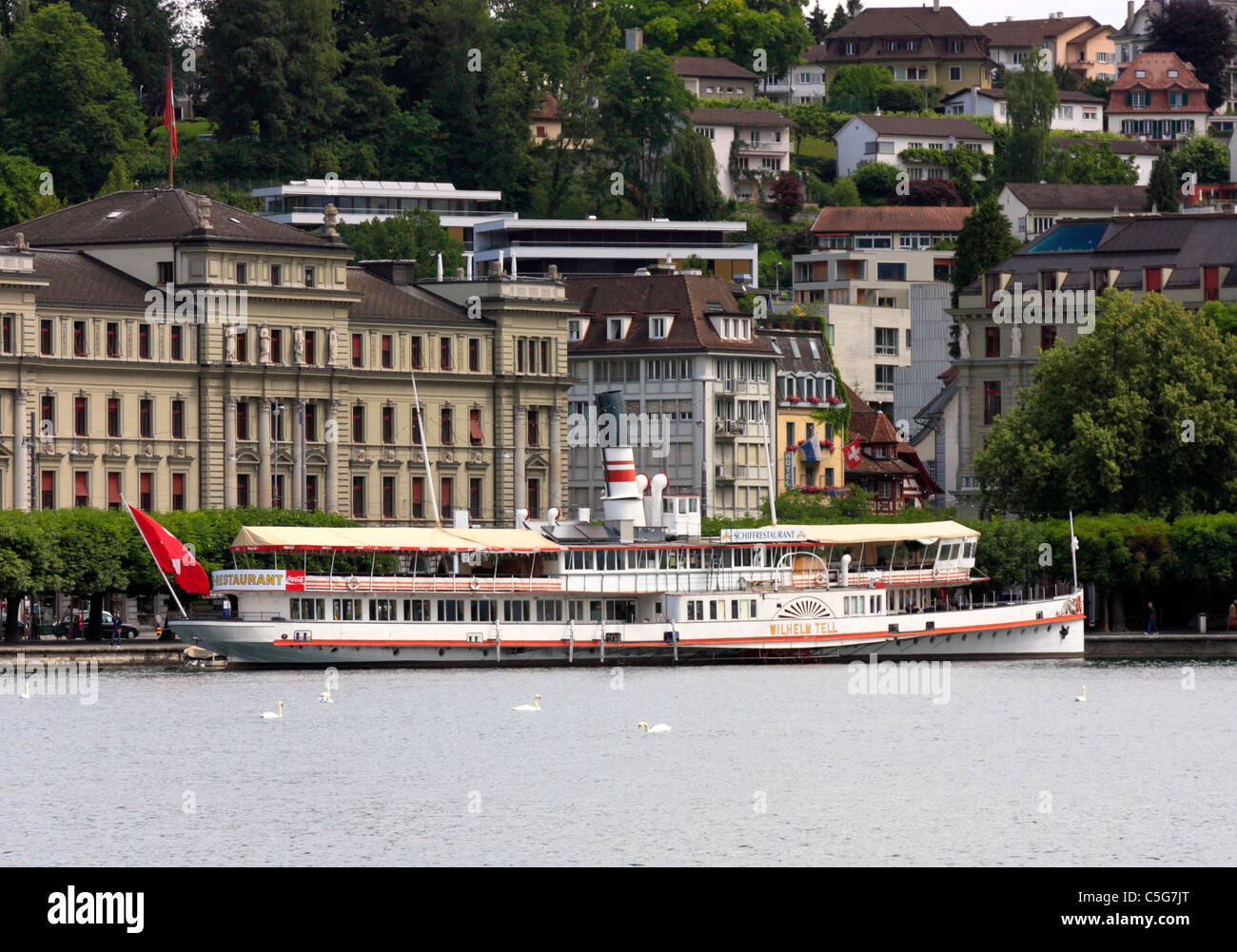 Historical Paddle Wheeler 'Wilhelm Tell', converted to a Restaurant on Lake Lucerne, Switzerland Stock Photo