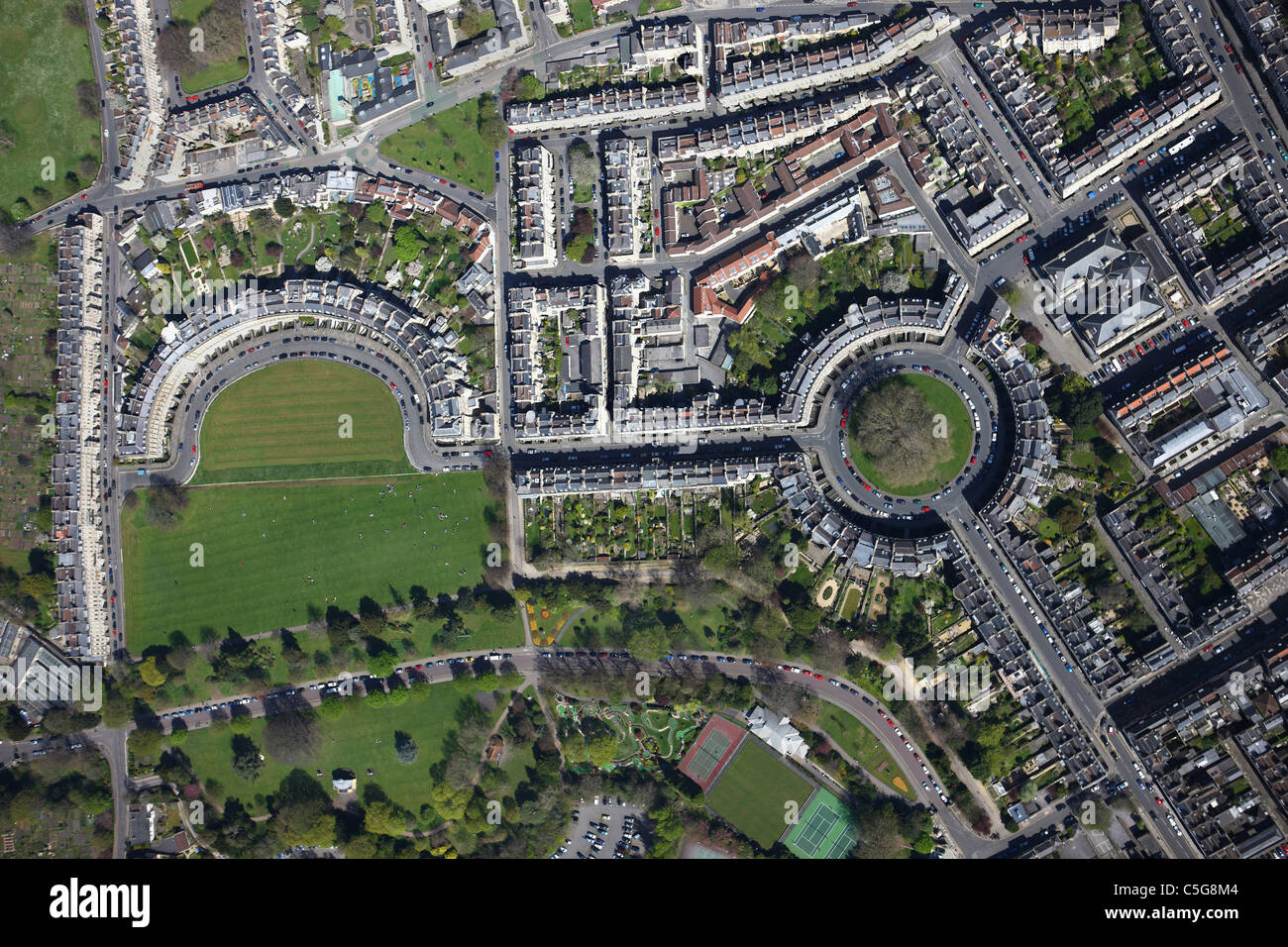 Aerial view of City of Bath showing the Royal Crescent and The Circus Stock Photo