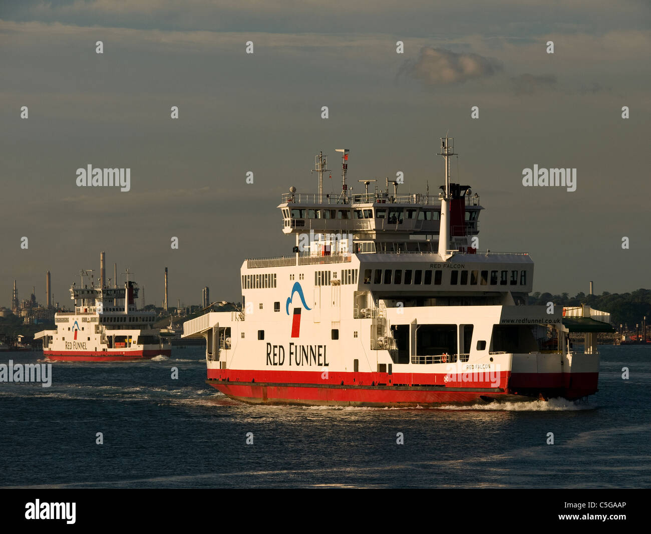 Isle of Wight Red Funnel car ferry Red Falcon arriving at Southampton England UK with the Red Eagle ferry in the background Stock Photo