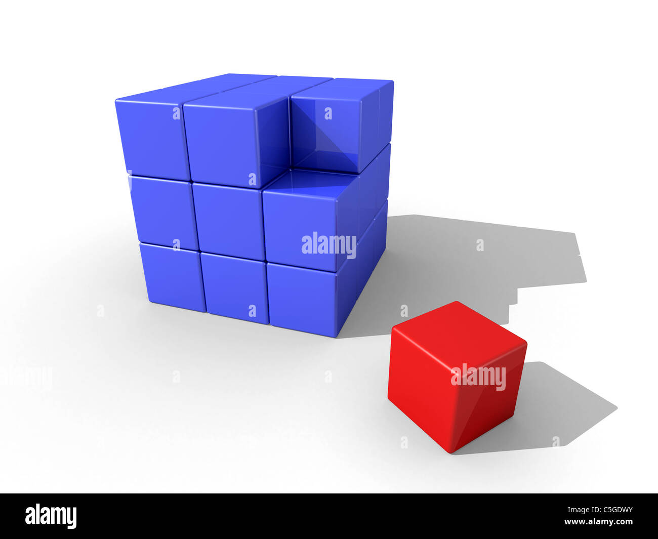 A bunch of blue cubes and a seperated red cube on white background Stock Photo