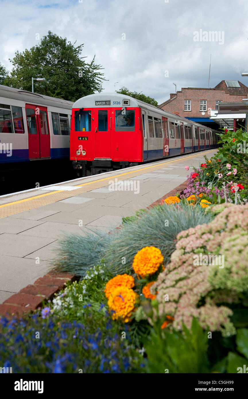 London Underground tube train traveling overground on the Metropolitan ...