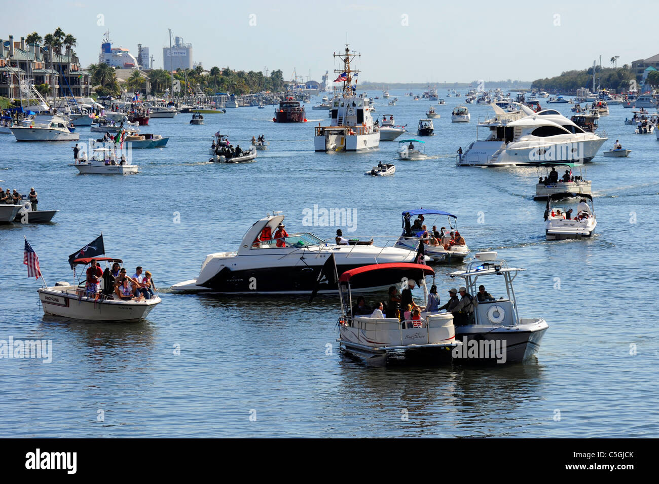 Crowd with boats downtown Tampa Gasparilla Pirate Festival Stock Photo