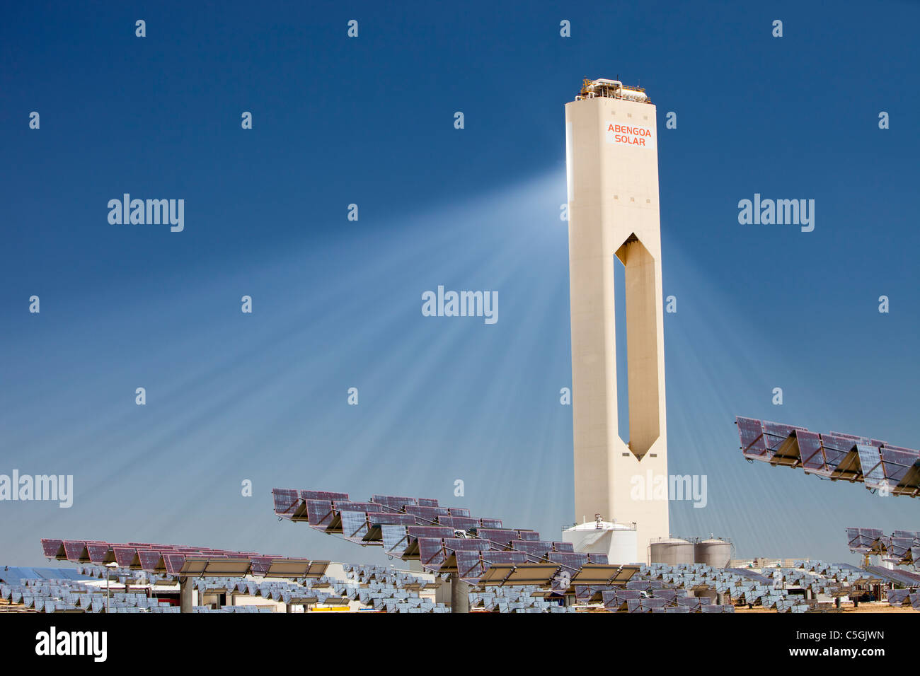The PS20 solar thermal tower, the only such working solar tower currently in the world. Its is part of the Solucar solar complex Stock Photo