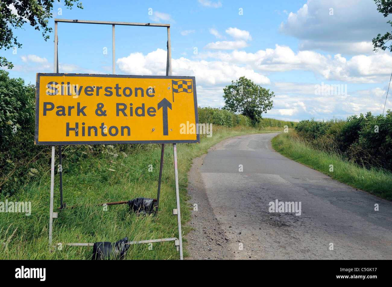 Yellow Road Sign for Silverstone Park and Ride at Hinton ready for Silverstone Grand Prix Stock Photo