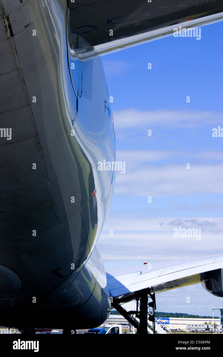 Reflections in the fuselage of an Airbus A380 passenger aircraft Stock Photo