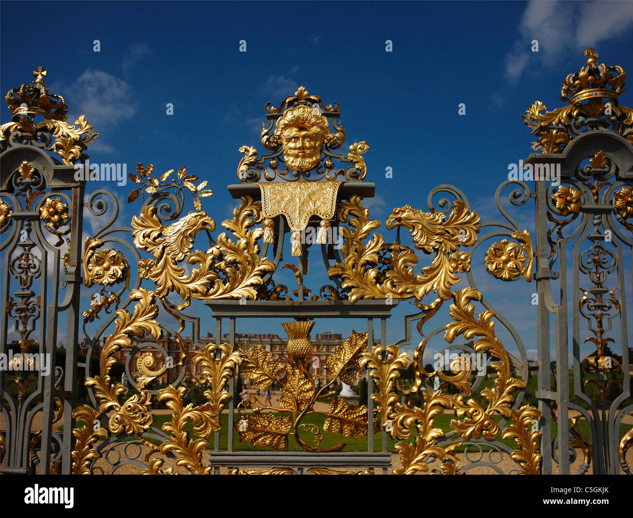 Hampton Court Palace Privy Garden ornate gold screen representing Scotland. Stock Photo
