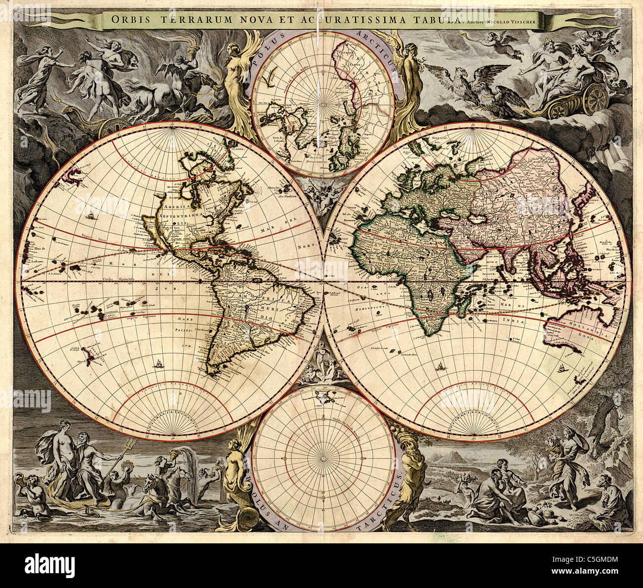 Orbis Terrarum Nova et Accuratissima Tabula - Antique World Map by Nicolao Visscher circa 1690 Stock Photo
