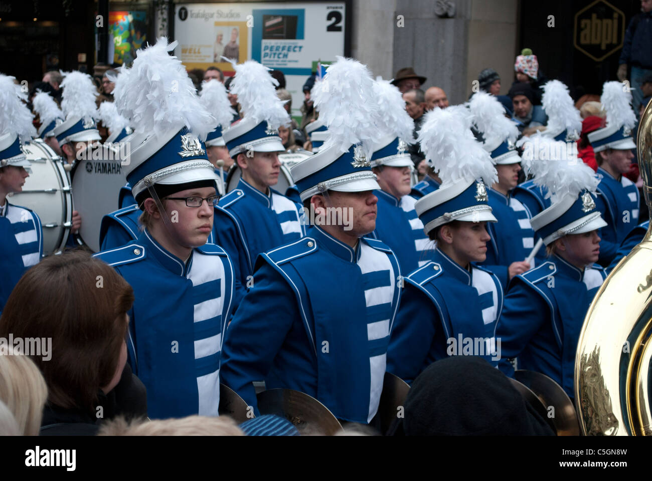 marching band stopped in the new year's day parade in London wearing