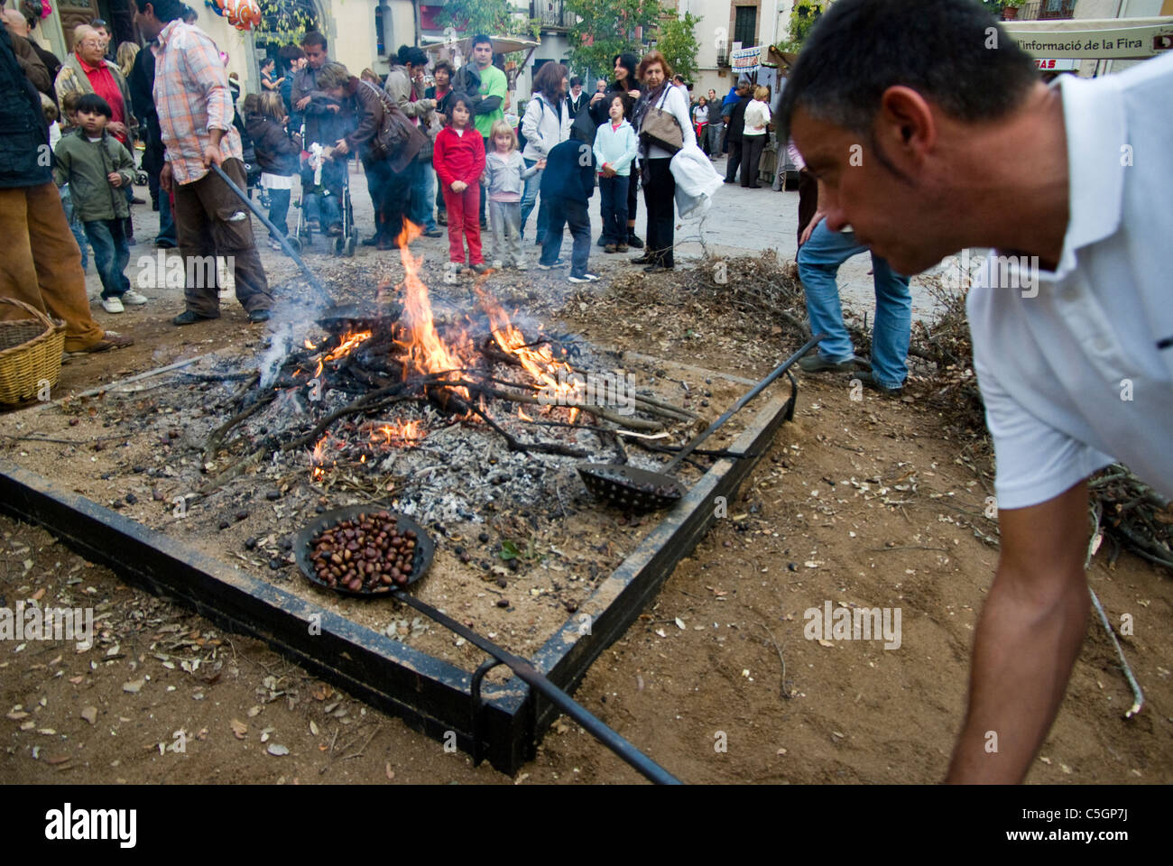Roasting chestnuts in Viladrau. Barcelona. Spain. Stock Photo