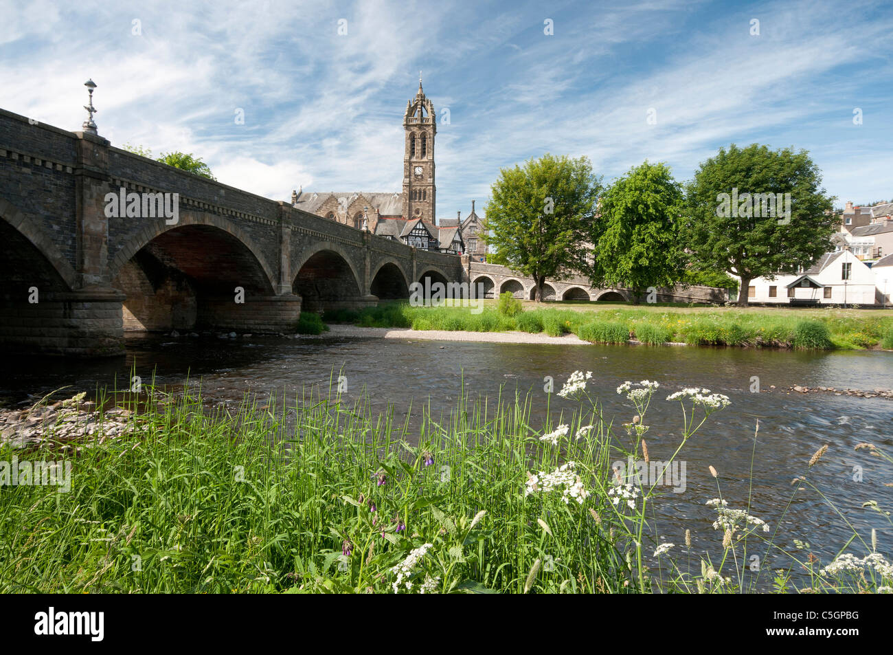 Church and bridge and by River Tweed - Pebbles Town Stock Photo