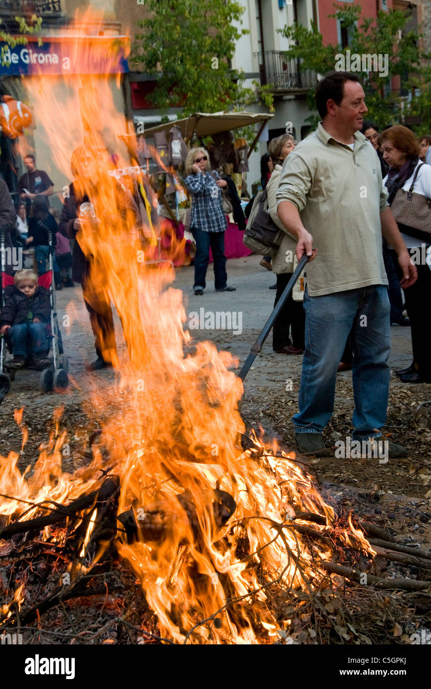 Roasting chestnuts in Viladrau. Barcelona. Spain. Stock Photo