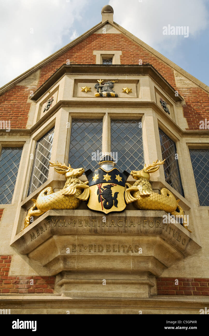 Bay window on the facade of Crosby  Hall on Cheyne Walk in Chelsea London with armorial decoration of sea stags and golden stars Stock Photo