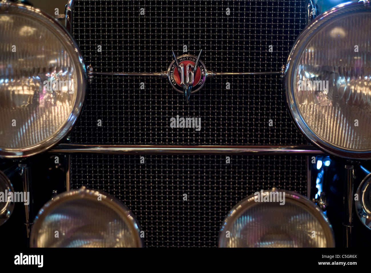 The front grill of a vintage Cadillac. Stock Photo