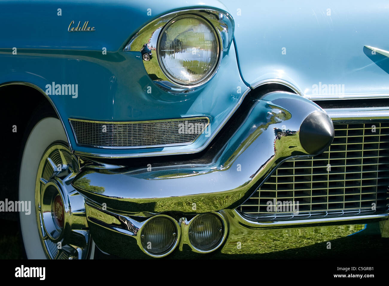 The front end of a vintage Cadillac car. Stock Photo