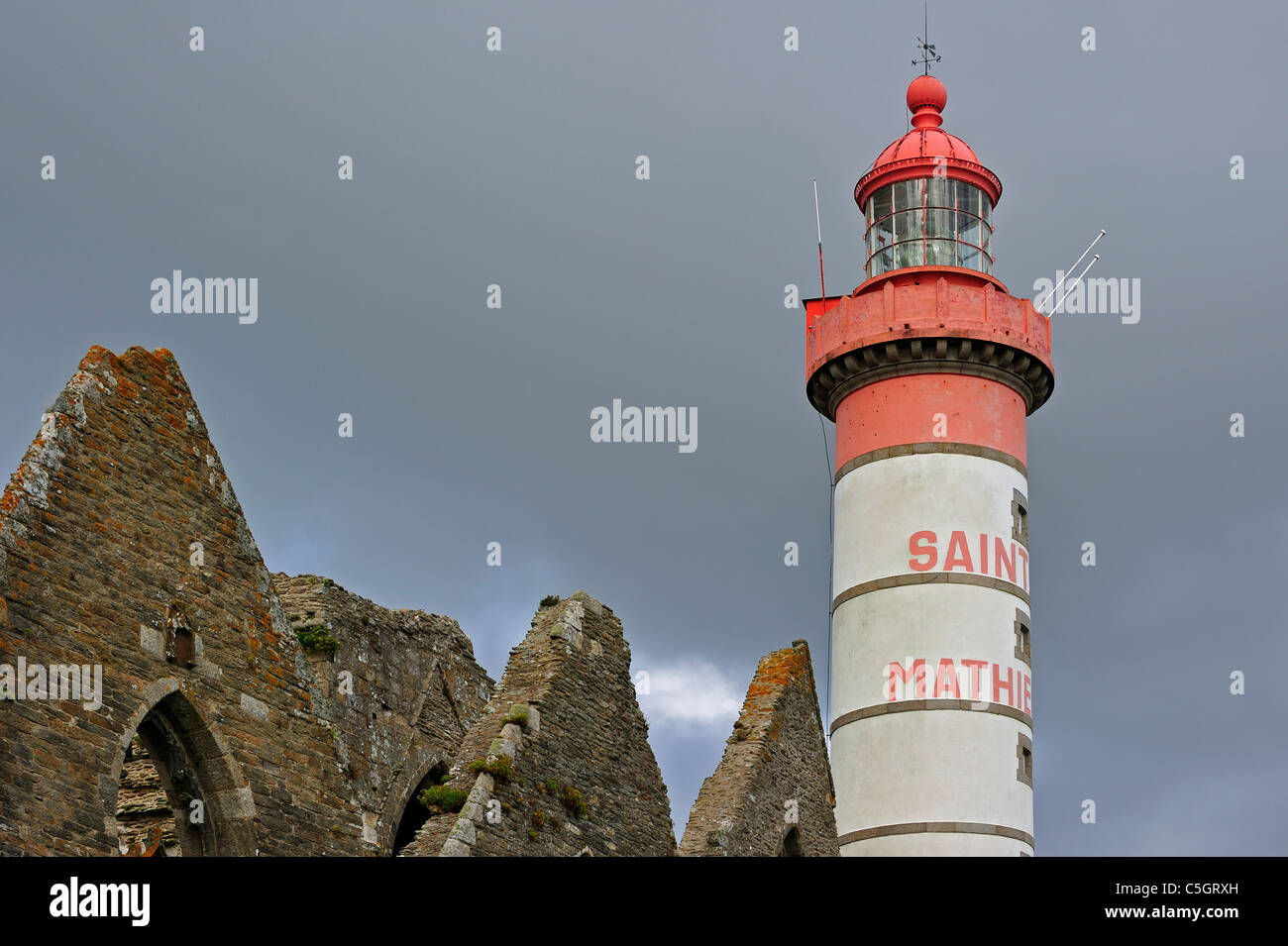 The Pointe Saint-Mathieu with its lighthouse and abbey ruins, Finistère ...