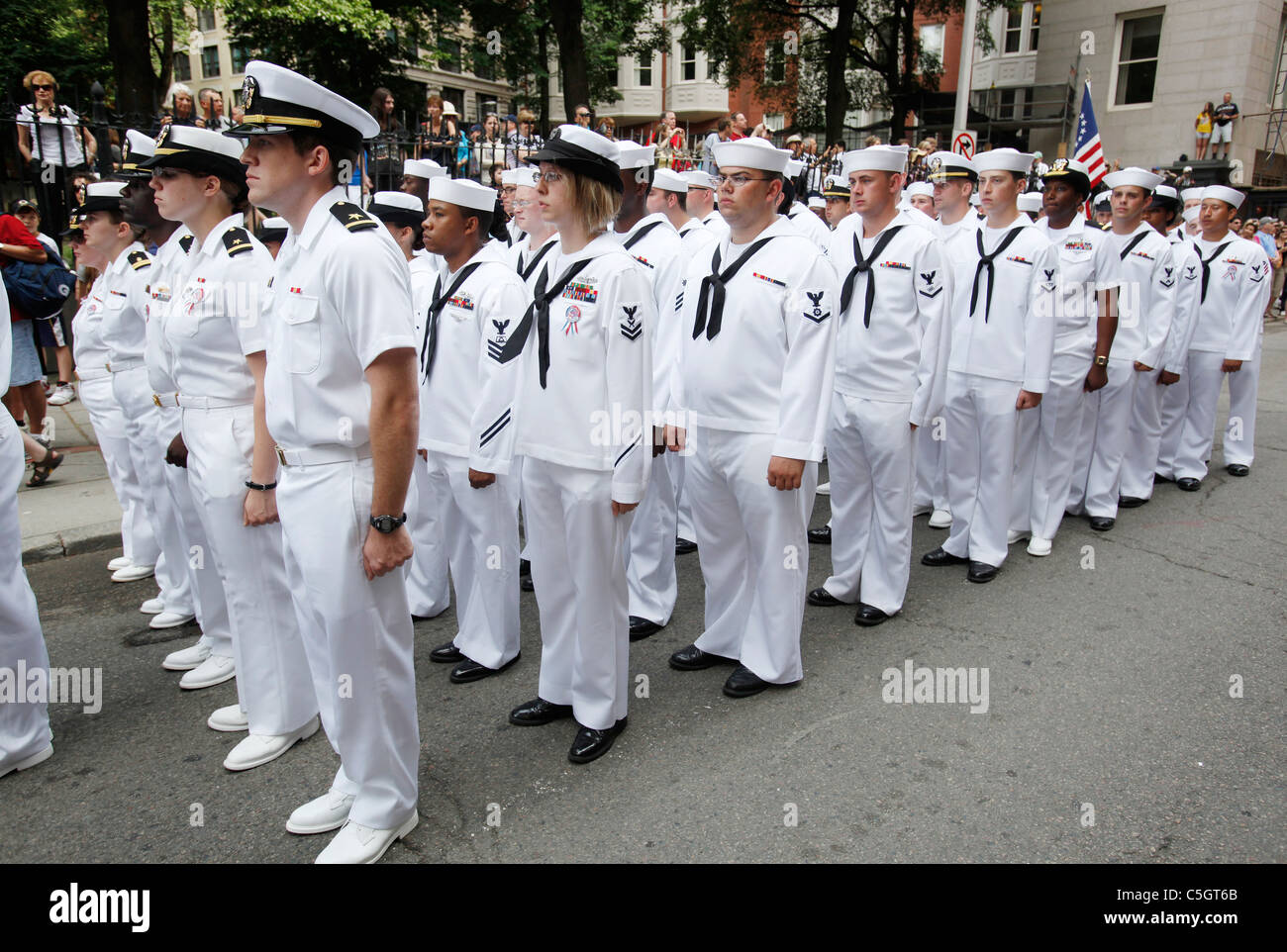 U.S. Navy sailors in formation, 4th of July parade, Boston, Massachusetts Stock Photo