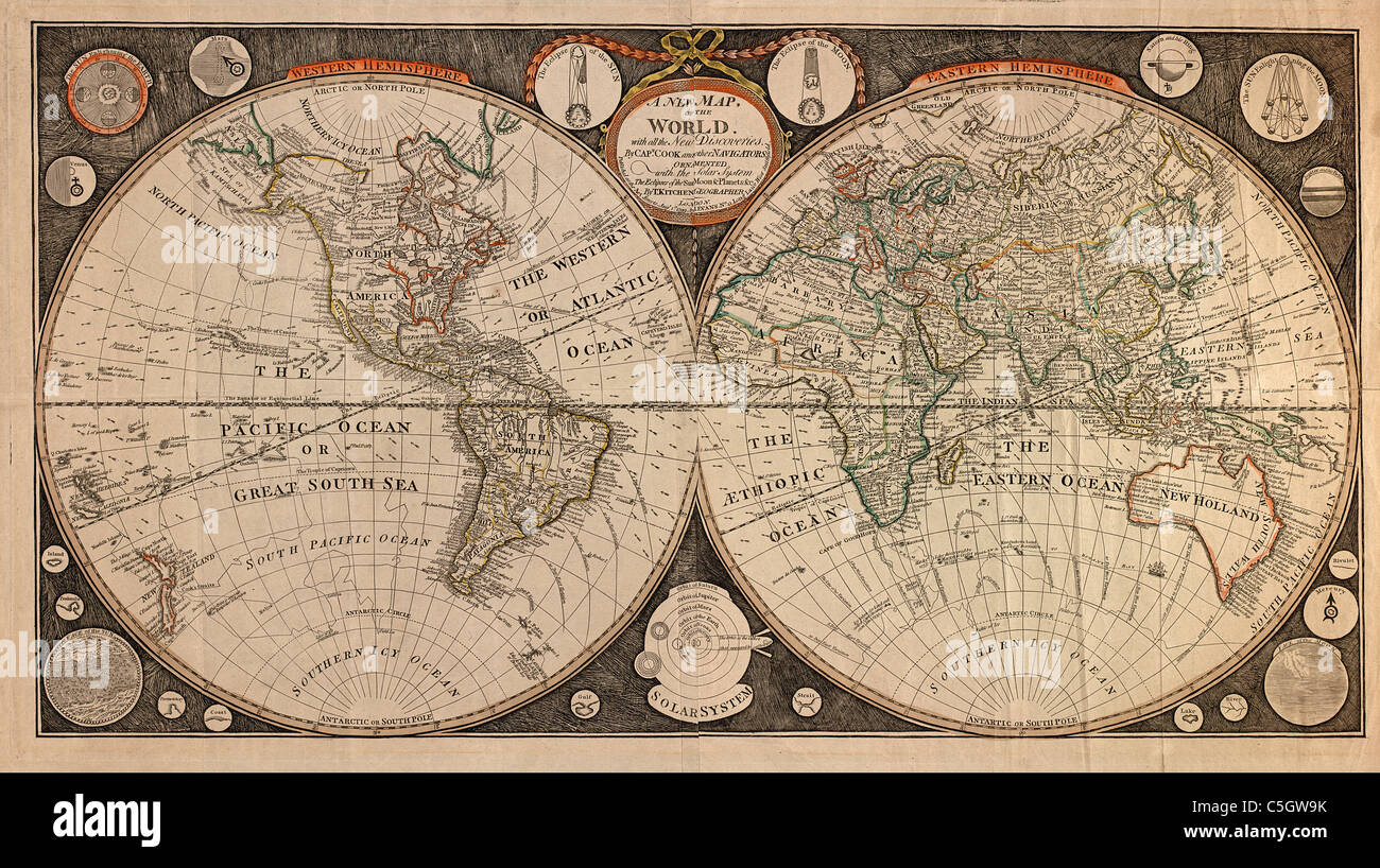 A New Map, of the World - Antique World Map by Thomas Kitchen 1799 Stock Photo