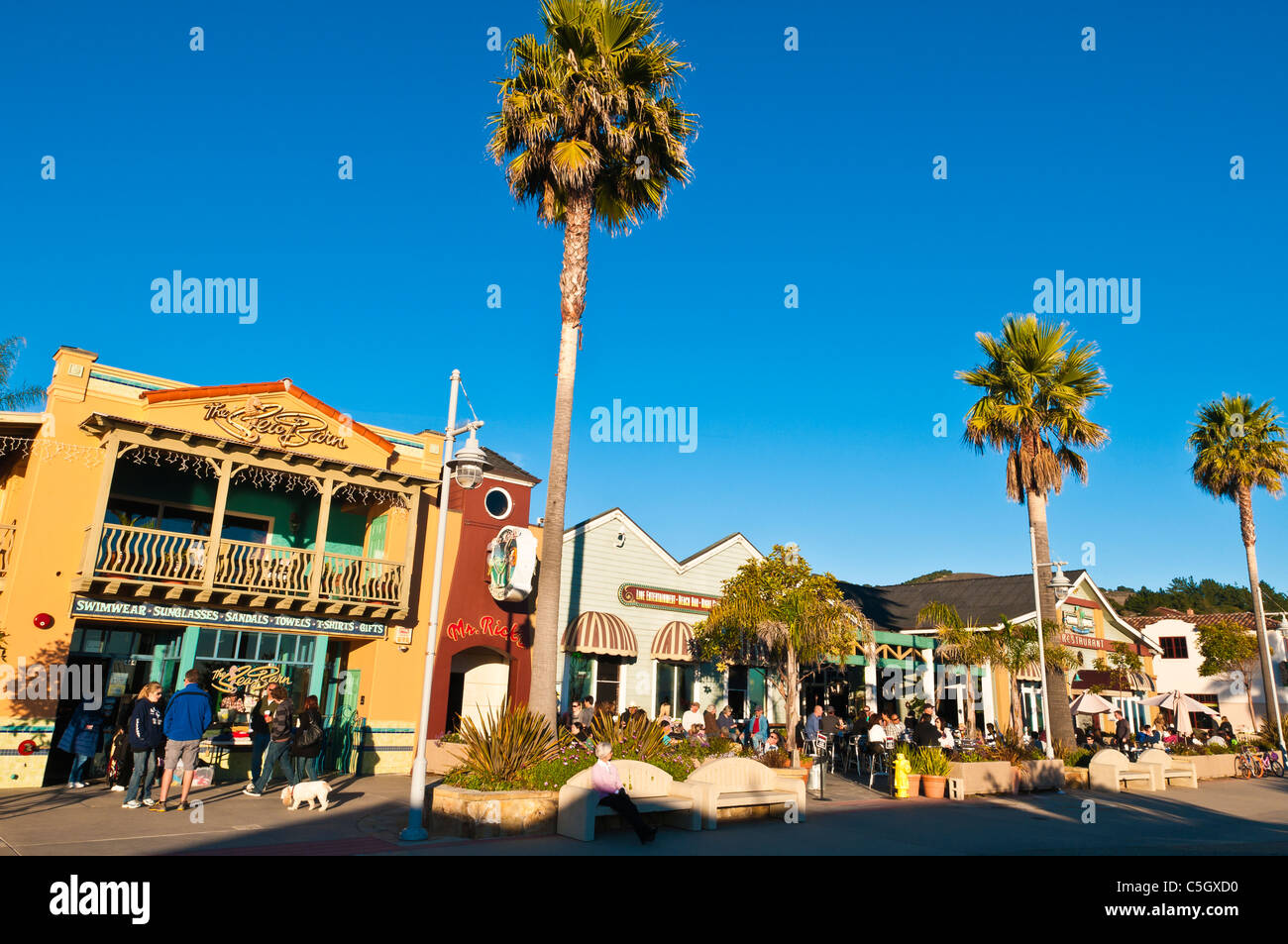 Shops and restaurants on the promenade, Avila Beach, California USA