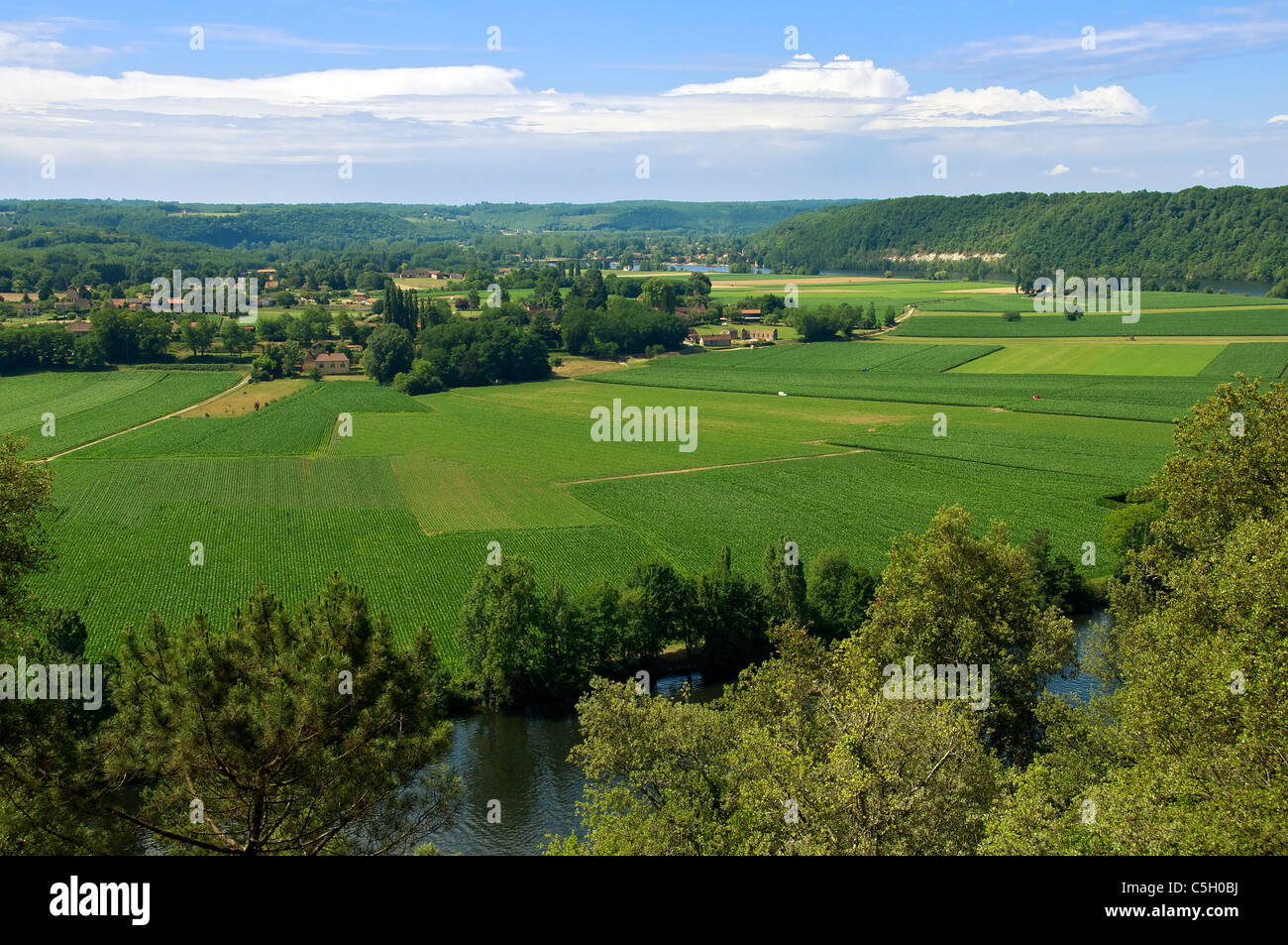 Birds-eye view of the Dordogne River and fertile valley from Cingle de Tremolat Aquitaine France Stock Photo