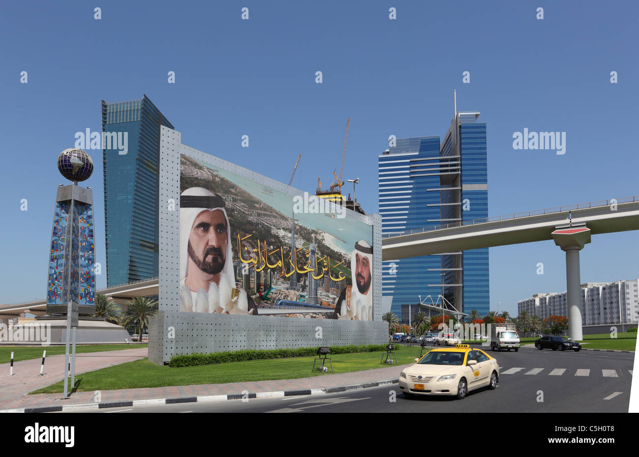 Billboard with Sheikh Mohammed bin Rashid Al Maktoum in the city of Dubai, UAE Stock Photo