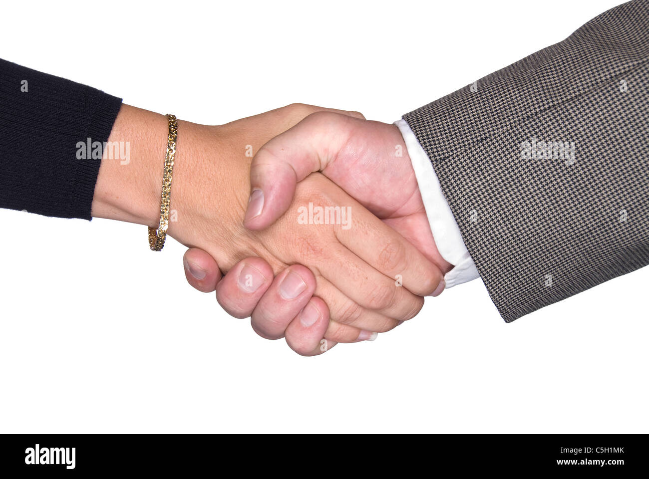 Male and female partners shaking hands after a negotiating a contract agreement Stock Photo