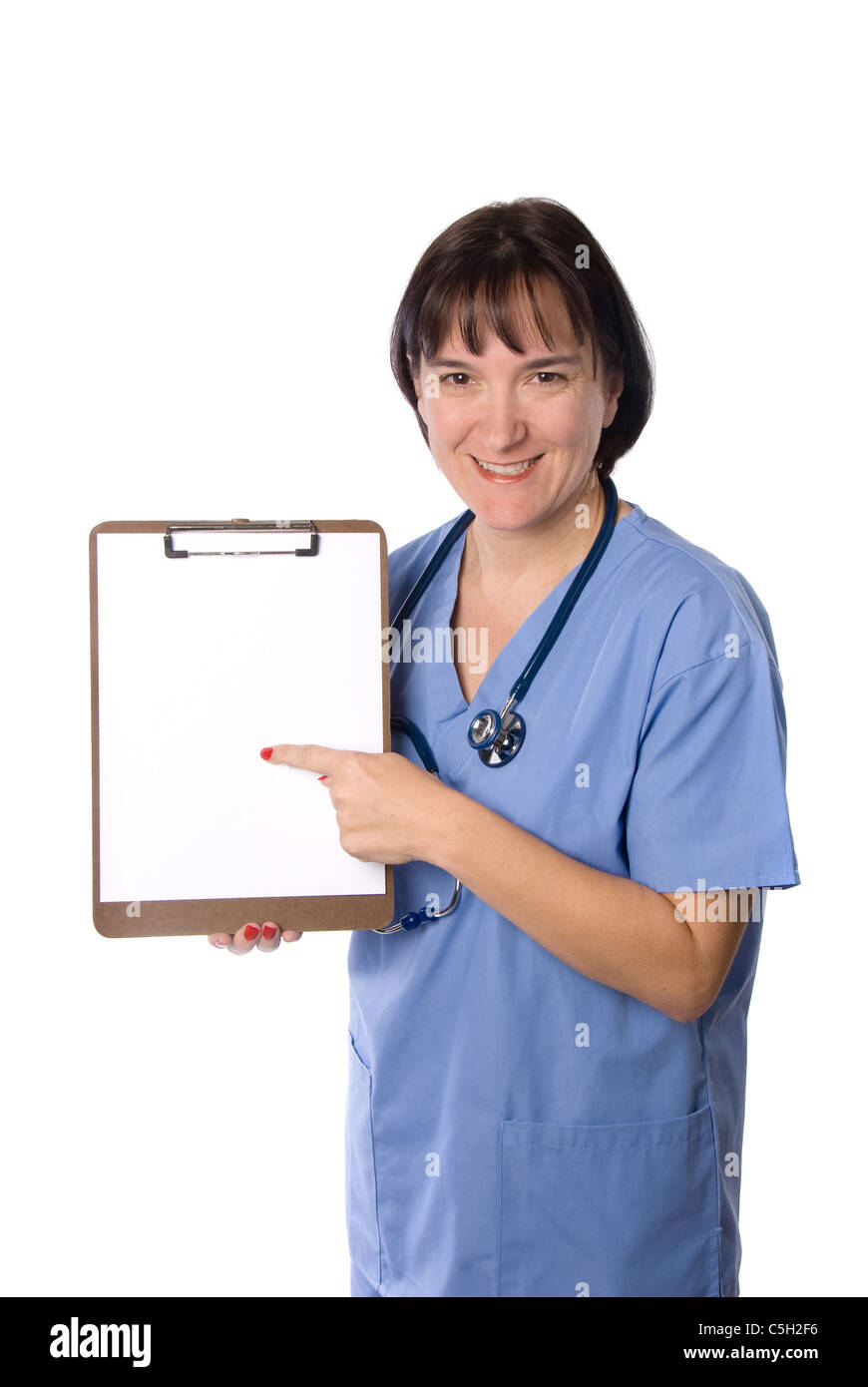 A female physician poses with a blank sheet of paper on her clipboard Stock Photo
