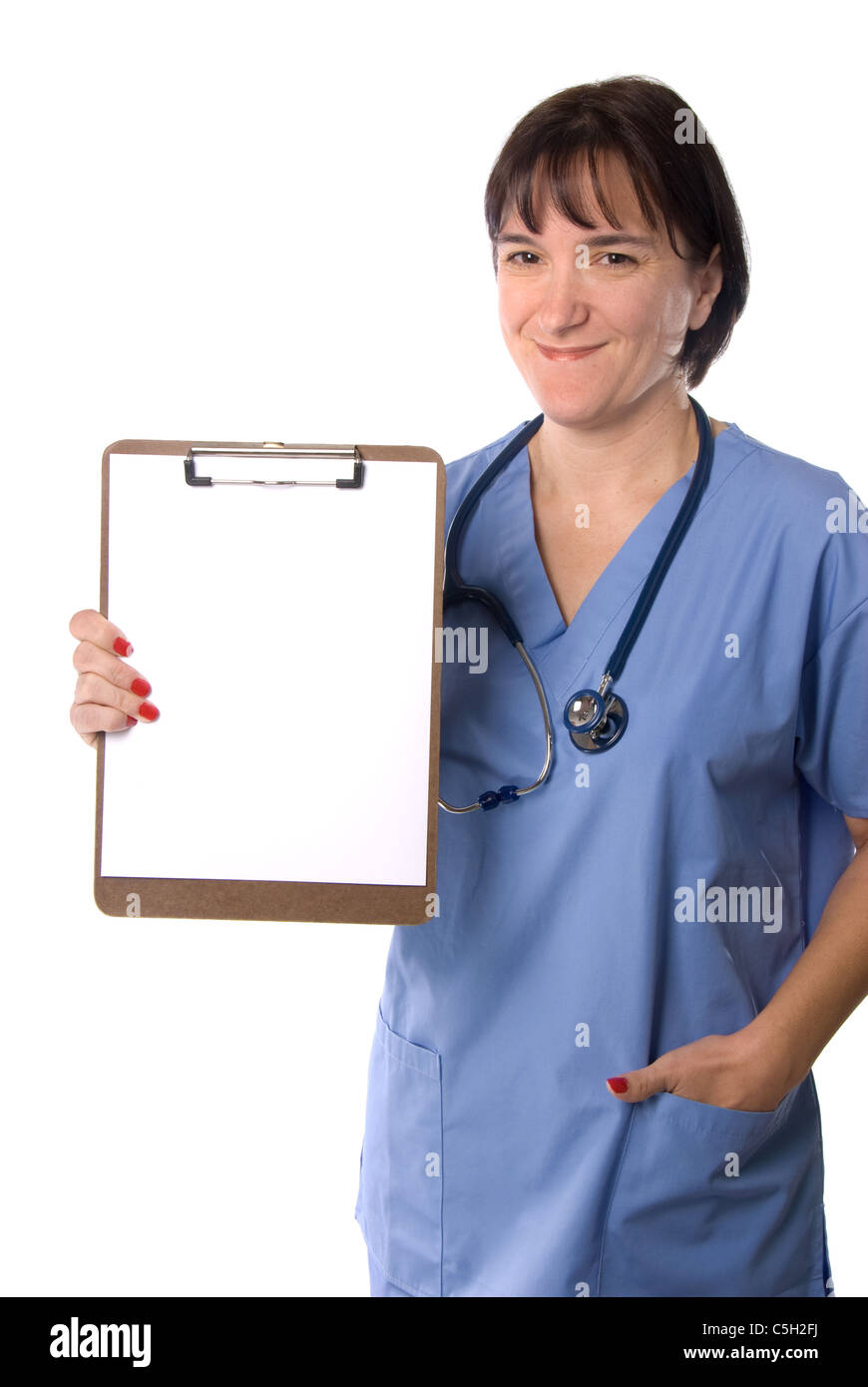 A female physician poses with a blank sheet of paper on her clipboard. Stock Photo