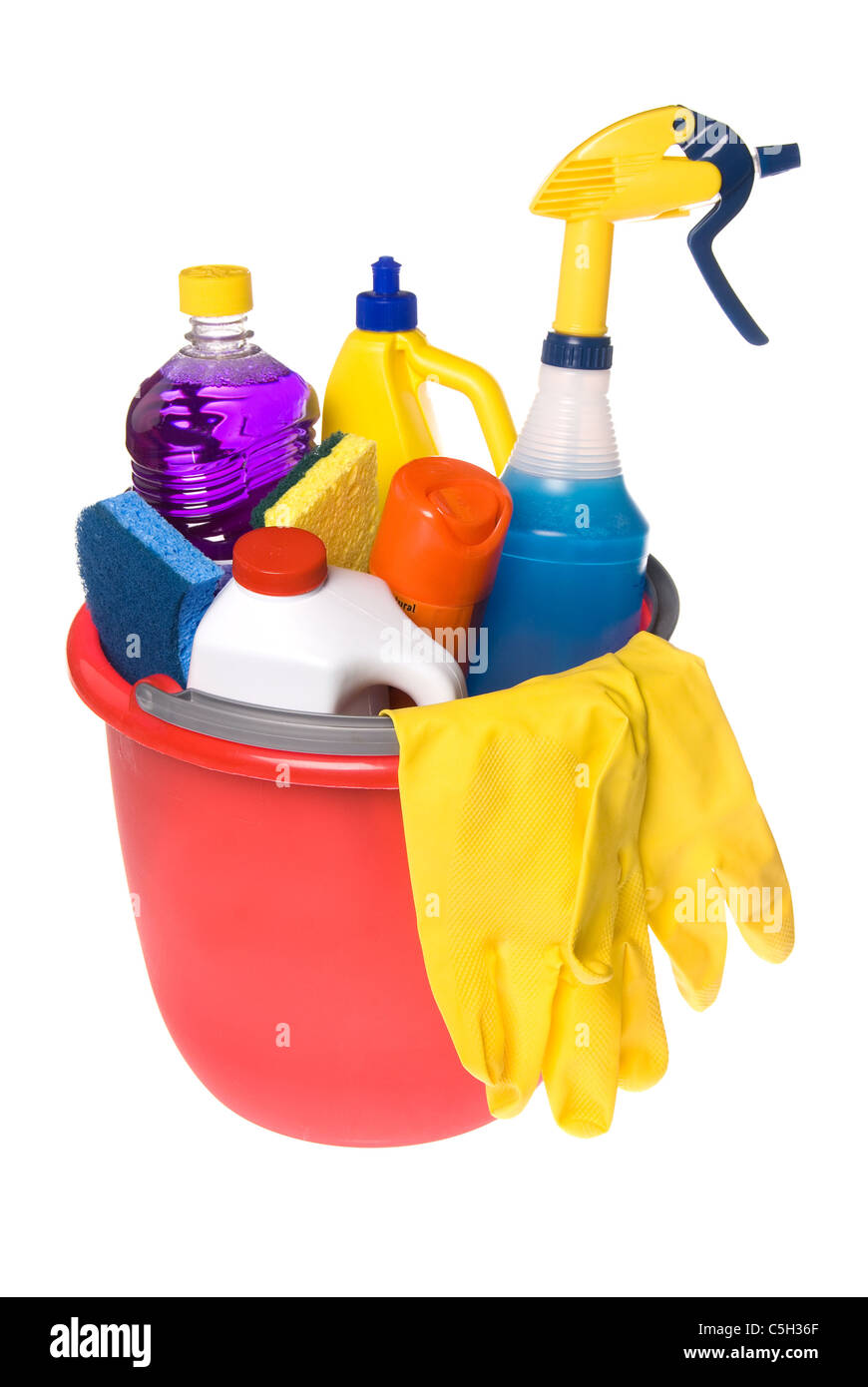 A bucket of cleaning supplies isolated on white Stock Photo Alamy