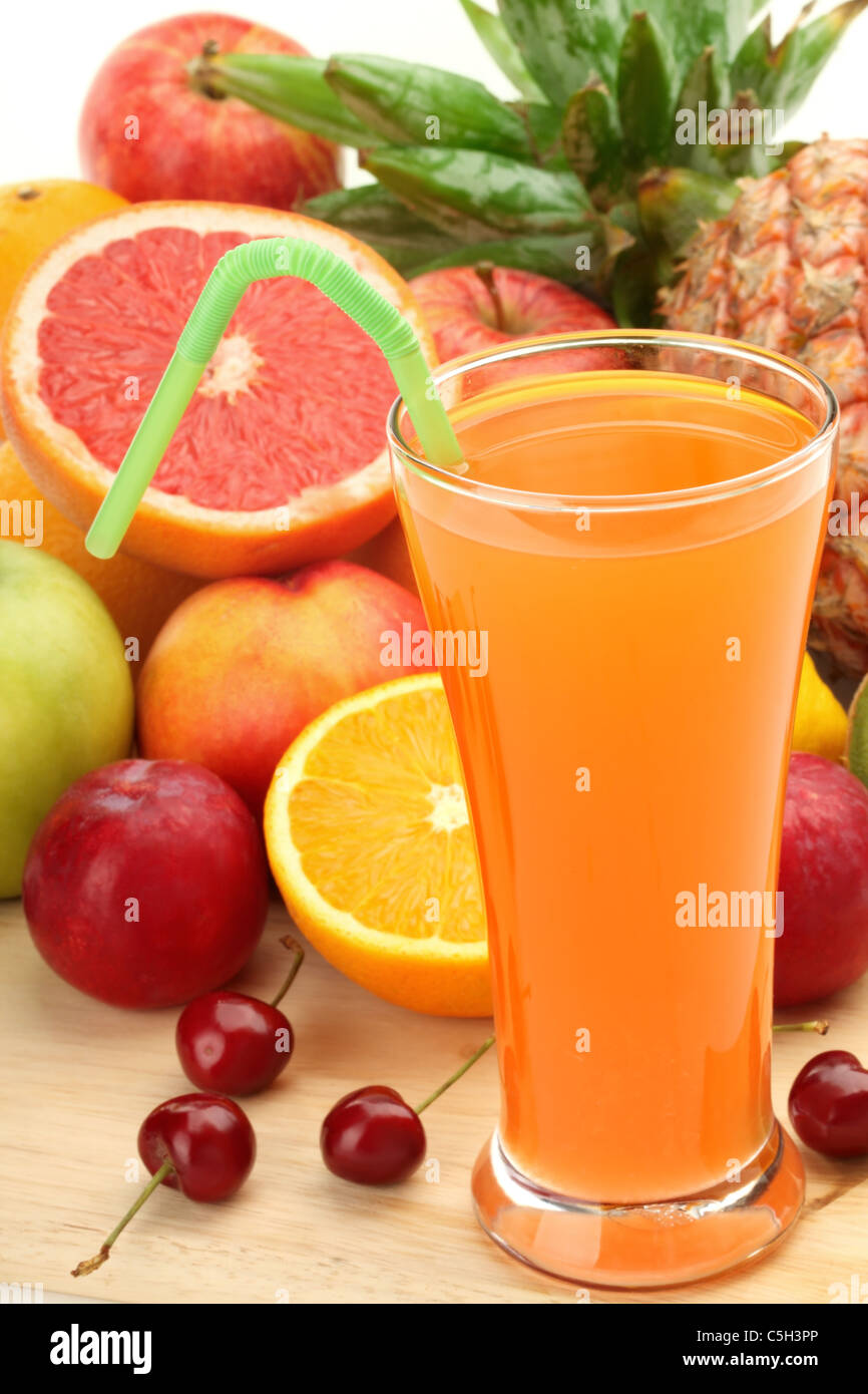 Closeup of fruit juice with fruits Stock Photo