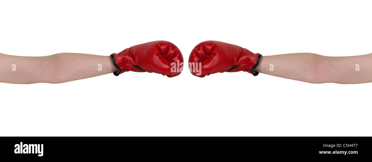 Boxing handshake while wearing red boxing gloves used to protect the hands during a boxing match