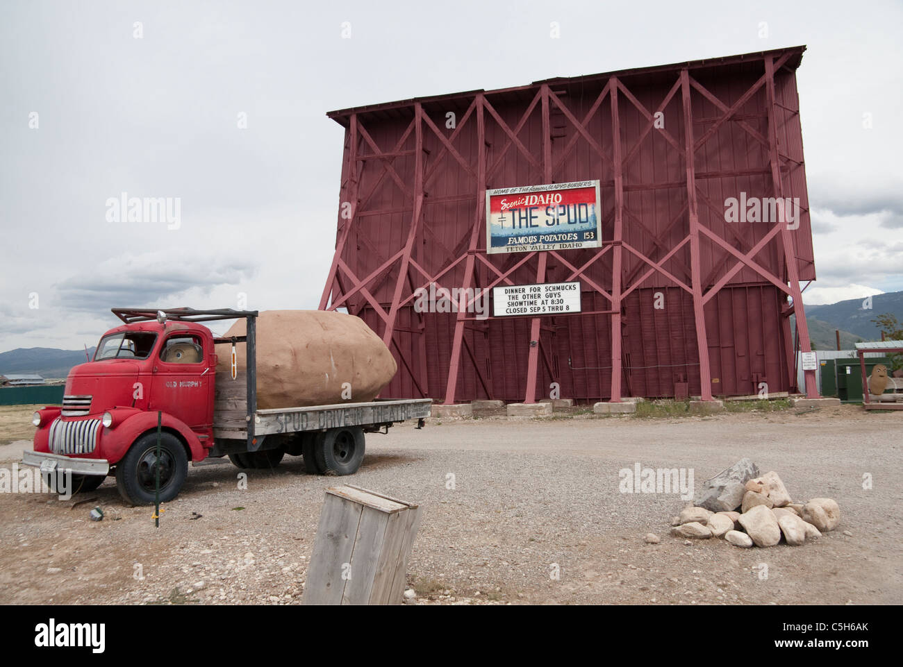 Came upon this unique drive-in theater in Driggs, Idaho, USA, utilizing the states fame for great 'spud' potatoes. Stock Photo