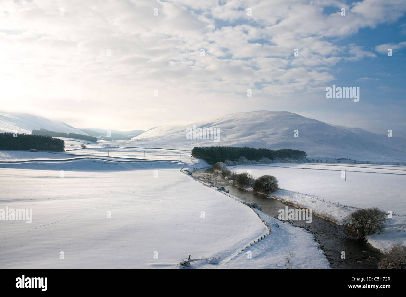 Yarrow Water and White Law Hill in deep snow - Scottish Borders Stock Photo