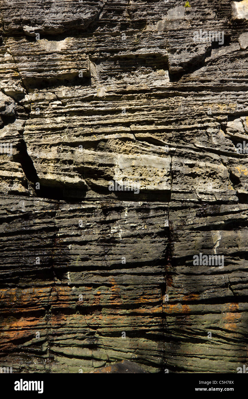 Closeup of eroded Jurassic sandstone sea cliffs on Skye showing cross-bedded sedimentary rock strata, Glasnakille, Isle of Skye, Scotland, UK Stock Photo