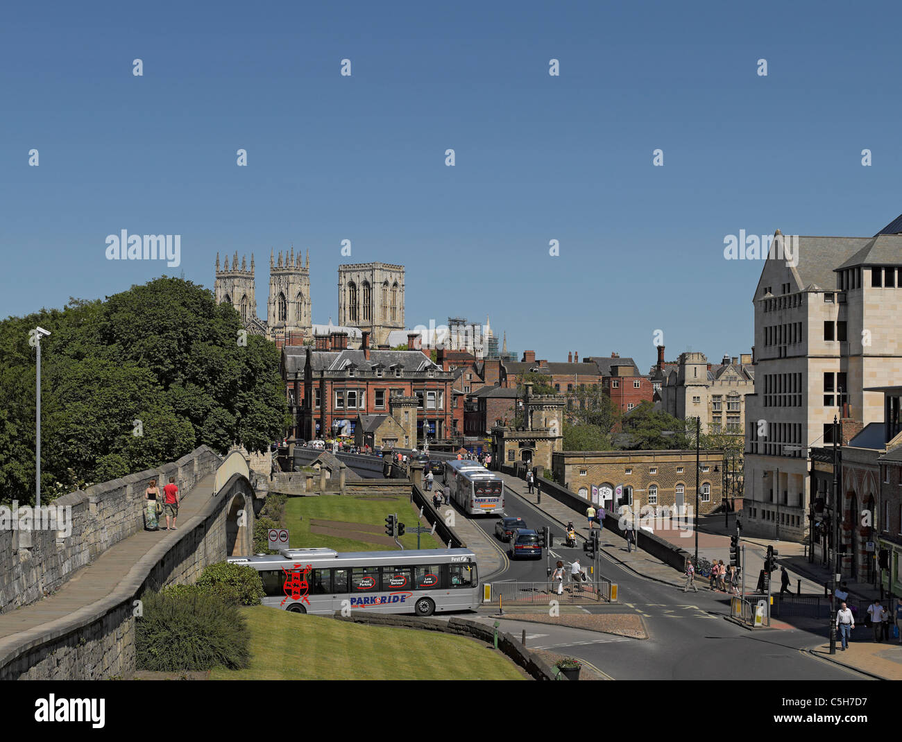 City Walls and Minster with Aviva UK Life Headquarters on right in summer York North Yorkshire England UK United Kingdom GB Great Britain Stock Photo