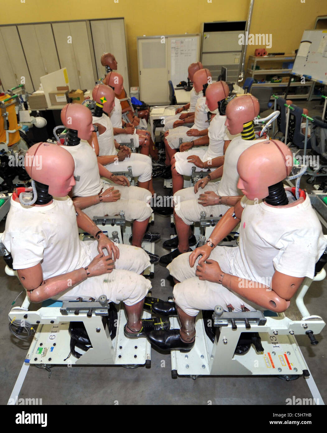 Various types of dummies for experiments stand by in their waiting room at Toyotas Higashi-Fuji Technical Center. Stock Photo