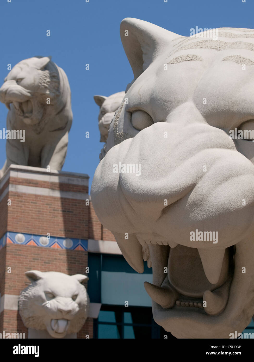 Closeup photo of some of the Tiger statues outside of  the Detroit Tigers Comerica Park Baseball stadium Stock Photo