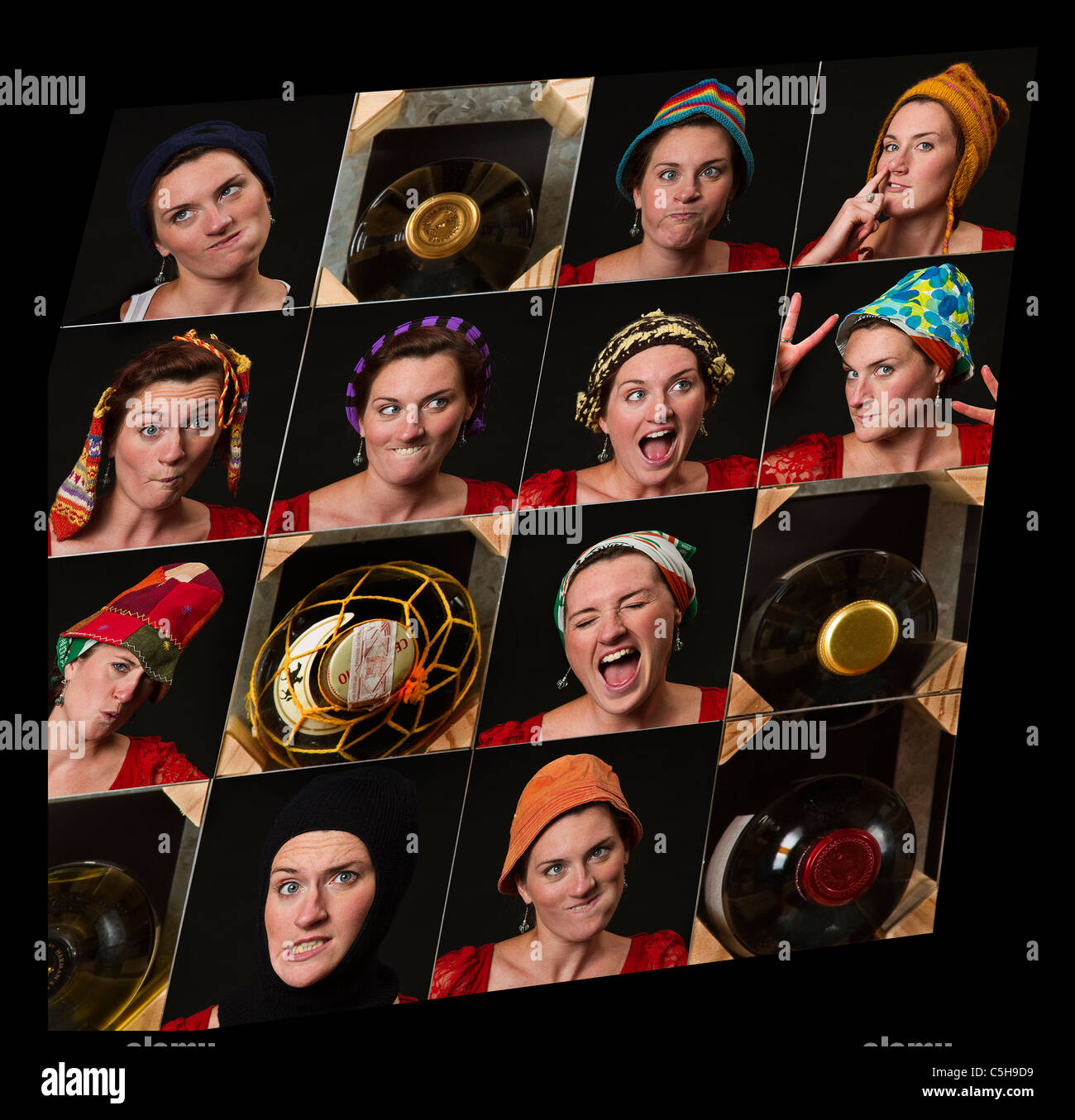 Squares of funny faces in a wine rack Stock Photo