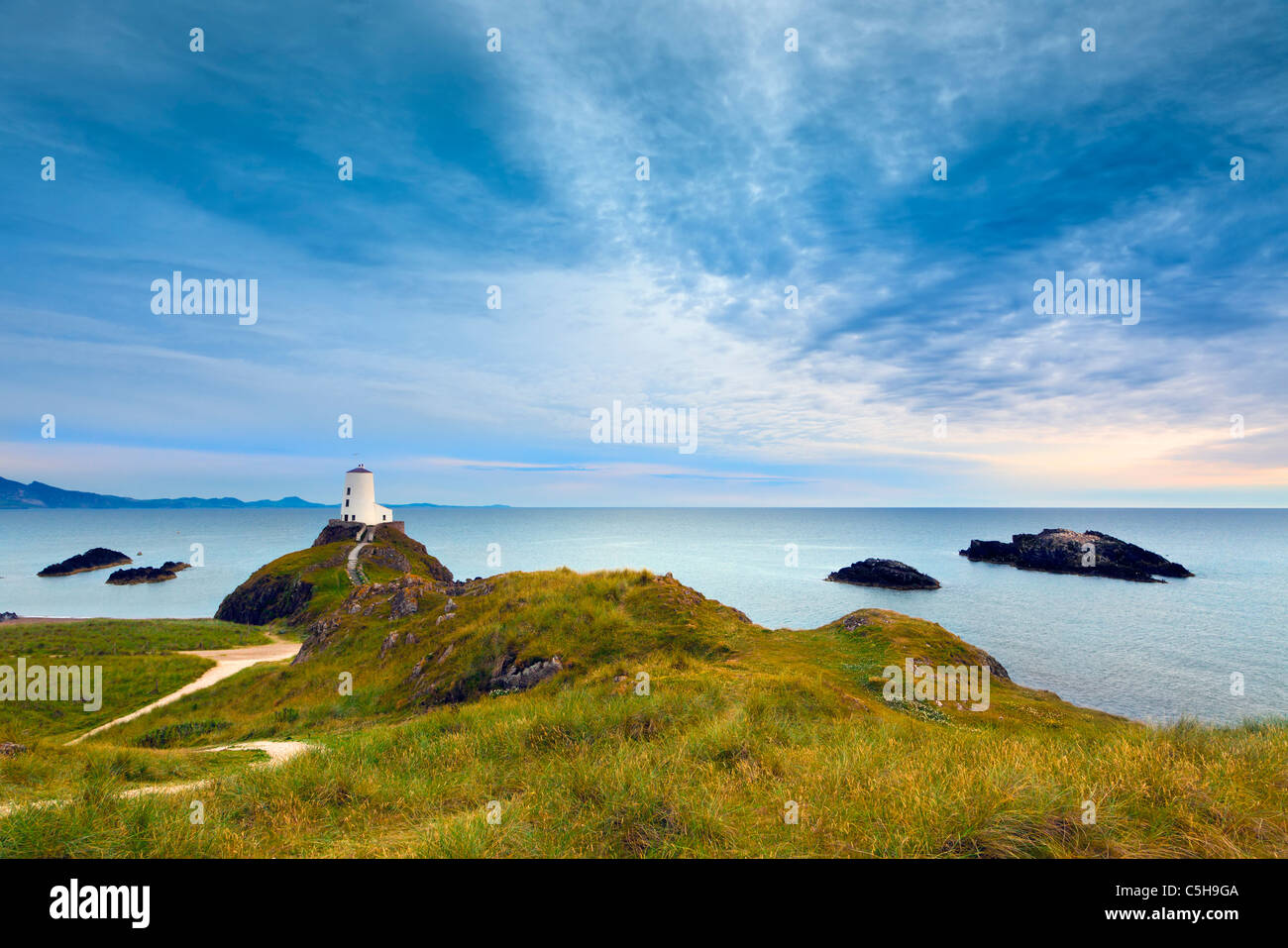 Llanddwyn lighthouse, Llanddwyn Island, Anglesey, North Wales Stock Photo