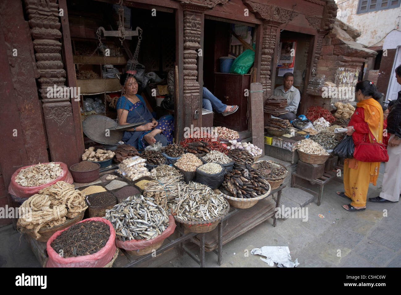 Street scene, dried fish market, Durbar Square, Kathmandu, Nepal, Asia