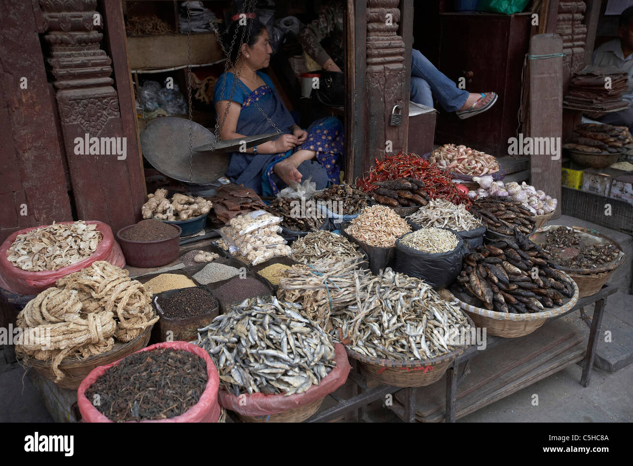 Street scene, dried fish market, Durbar Square, Kathmandu, Nepal, Asia